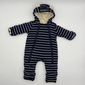 Baby GAP Sherpa Hoodie Hooded One-Piece Bear Suit Blue White Stripes 0-3 Month